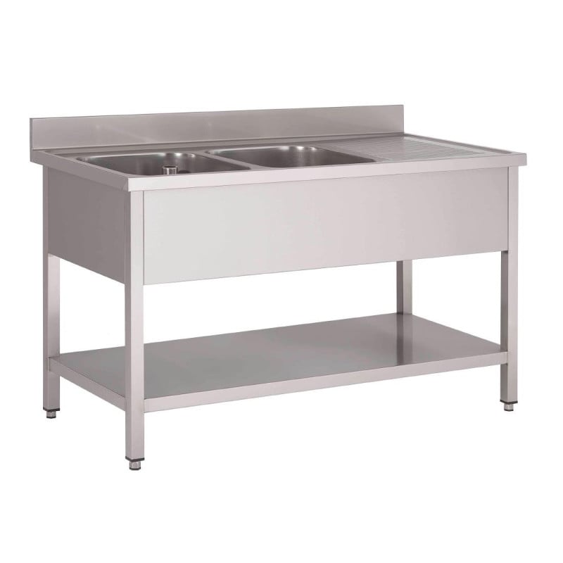 Plonge en Inox Avec Étagère Basse 2 Bacs À Gauche-L 1600 x P 700 mm - Gastro M