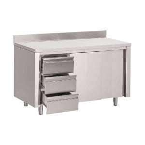 Stainless Steel Cabinet Table with Backsplash 3 Drawers on the Right and Sliding Doors - L 1200 x P 700mm - Gastro M