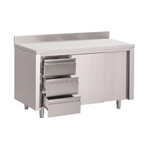 Stôl Skriňa z Nerezovej Ocele s Chrbátom 3 Zásuvky Vpravo a Posuvné Dvere - D 1200 x Š 700mm - Gastro M