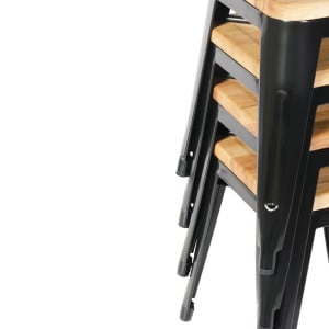 Tabourets Bistro Bas en Acier Noir avec Assise en Bois - Lot de 4 - Bolero