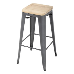 High Bistro Stool in Grey Steel with Wooden Seat - Set of 4 - Bolero