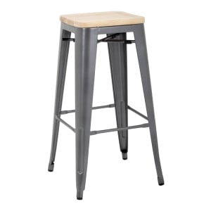 Tabouret Bistro Haut en Acier Gris avec Assise en Bois - Lot de 4 - Bolero