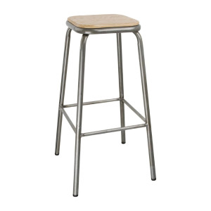 High Galvanized Steel Stool with Wooden Seat - Set of 4 - Bolero