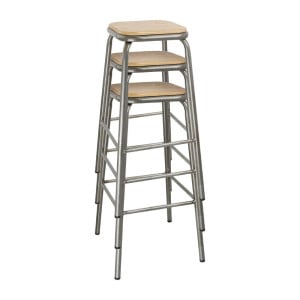 High Galvanized Steel Stool with Wooden Seat - Set of 4 - Bolero