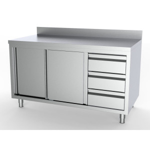 Nerezový spodný nábytok s chrbtovou doskou - 2 dvere a 3 zásuvky vpravo - L 1400 x P 700 mm - CombiSteel