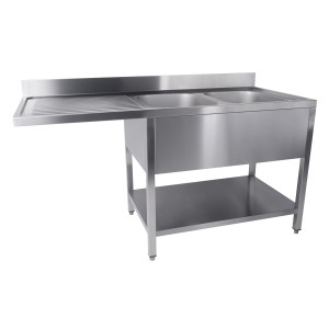 2 Sink Basins and Passage for Dishwasher on the Left with Backsplash and Removable Shelf - L 1600 x D 700 mm - CombiSteel