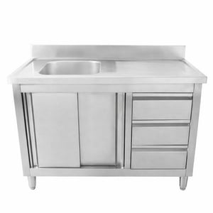 Meuble Plonge 1 Bac avec Dosseret et 3 Tiroirs - 1200 x 600 mm - Bac à Gauche - Dynasteel