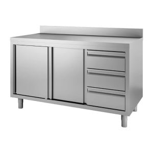 Stôl Skriňa z Nerezovej Ocele s Chrbátom 3 Zásuvky Vpravo a Posuvné Dvere - D 1200 x Š 700mm - Gastro M