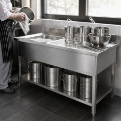 Plonge Inox 1 Bac 1200x600 mm, Égouttoir Droite, Dosseret