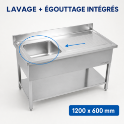 Plonge Inox 1 Bac 1200x600 mm, Égouttoir Droite, Dosseret