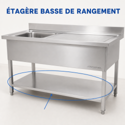 Plonge Inox 1 Bac 1200x600 mm, Égouttoir Droite, Dosseret