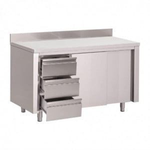 Stainless Steel Cabinet Table with Backsplash 3 Drawers on the Right and Sliding Doors - L 1200 x P 700mm - Gastro M