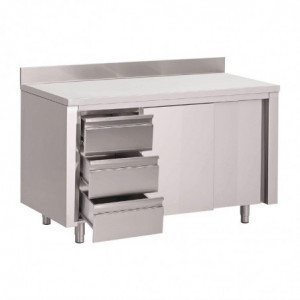 Stôl Skriňa z Nerezovej Ocele s Chrbátom 3 Zásuvky Vpravo a Posuvné Dvere - D 1200 x Š 700mm - Gastro M
