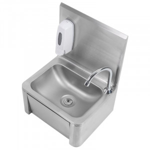Stainless Steel Hand Wash with Knee Operated Control, Backsplash, and Soap