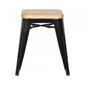 Black Steel Low Bistro Stools with Wooden Seat - Set of 4 - Bolero