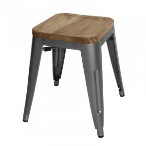 Tabourets Bistro Bas en Acier Gris Métal avec Assise en Bois - Lot de 4 - Bolero