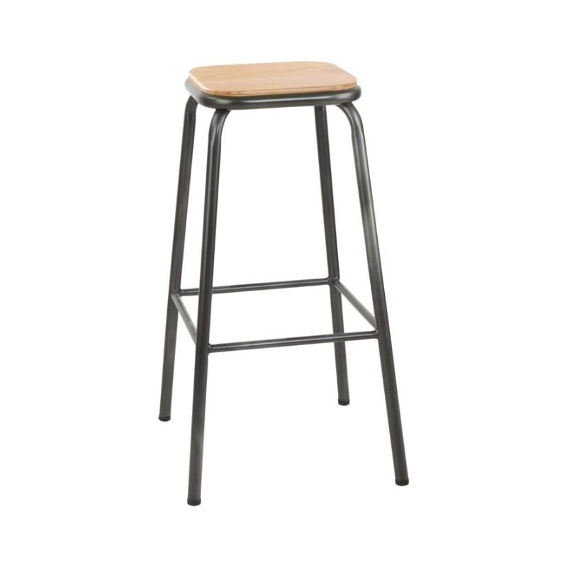 Tabouret Haut Gris Métallisé avec Assise en Bois - Lot de 4 - Bolero