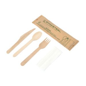 4-Piece Set - Dynasteel Wooden Cutlery: Knife, Fork, Large Spoon, Napkin - Pack of 500