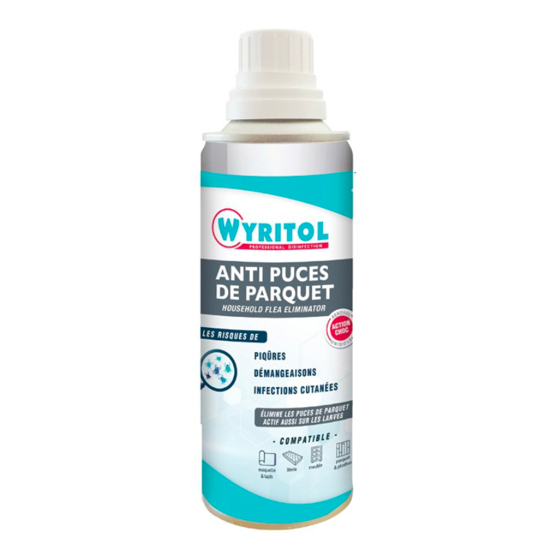 Aerosol proti blchám na parket 200 ml - Wyritol: Eliminuje blchy a larvy, bezpečné pre povrchy.