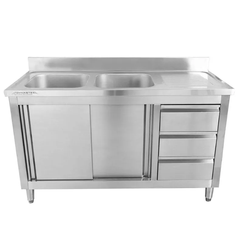 Umývací Stôl s 2 Drezmi so Zadným Lemom a 3 Zásuvkami - 1400 x 600 mm - Drez Vľavo