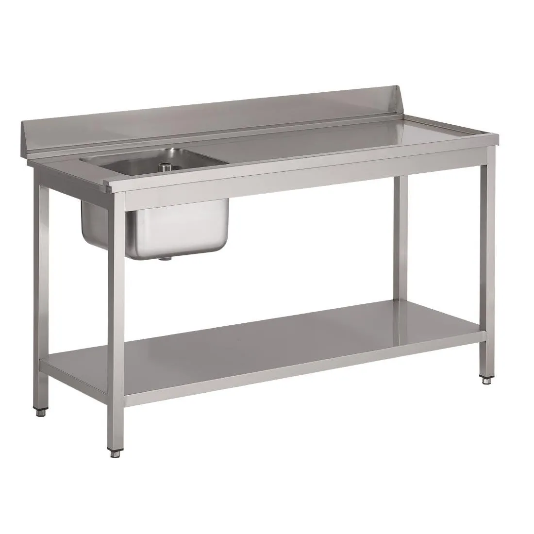 Stolík s drezom pre umývačku riadu z nerezovej ocele s umývadlom na ľavej strane a spodnou poličkou - Š 1400 x H 700 mm