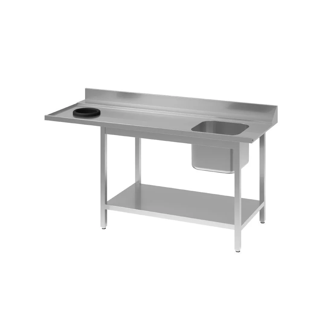 Vstupný stôl na umývačku riadu z nerezovej ocele s drezom napravo, zadnou stenou a dolnou poličkou - Š 1000 x H 700 mm