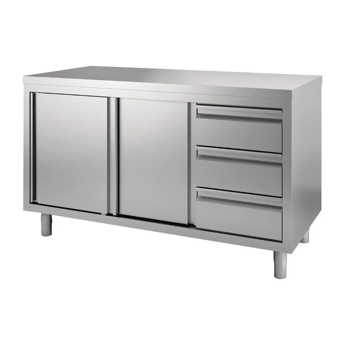 Nábytok z nerezovej ocele s posuvnými dverami a 3 zásuvkami na ľavej strane - Š 1600 x H 700 mm