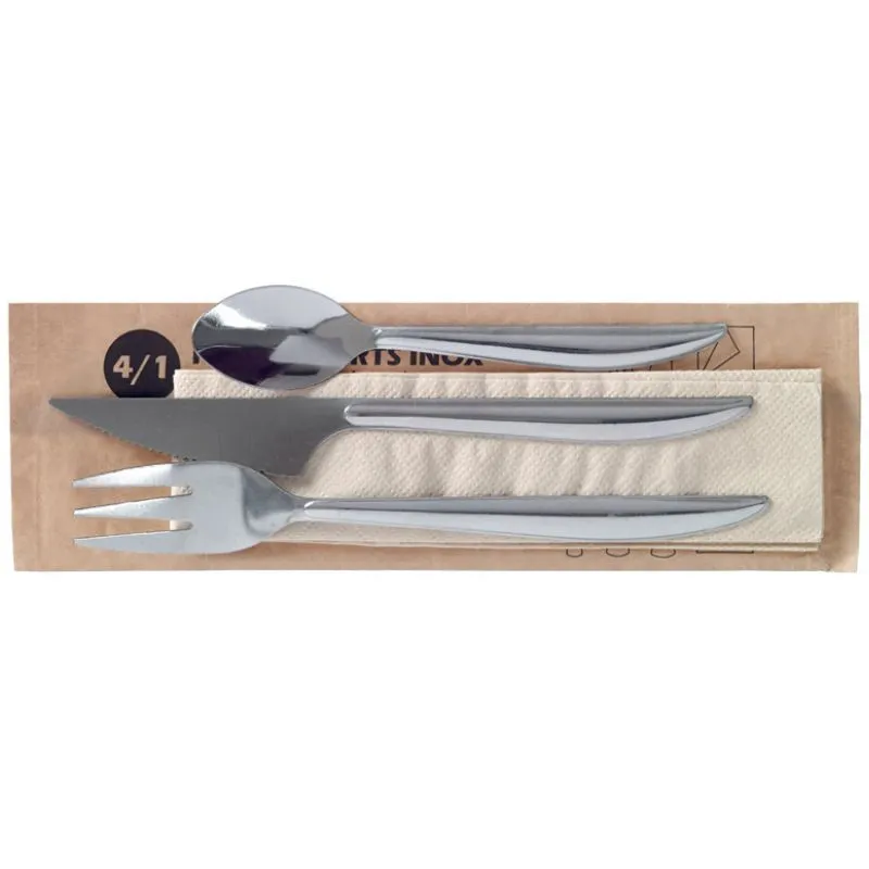 Couverts en Inox - Kit 4 Pièces : Couteau, Fourchette, Cuillère et Serviette - Lot de 25