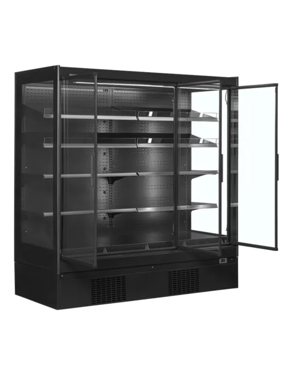 Čierna pozitívna chladiaca vitrína pre supermarket - 3 dvere - 1160 L